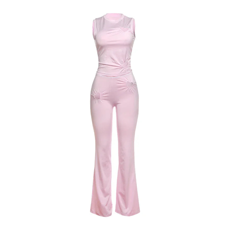 Heart Hollow 2 Piece Set Women o-Neck Sleeveless Tops+Skinny Stretch Pants
