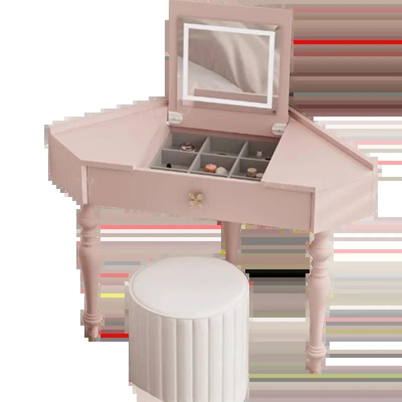 Small Pink Makeup Vanity Table with Mirror and Drawers for Bedroom Storage - Stylish Coiffeuse Furniture
