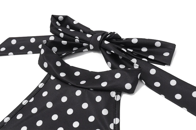 Polka Dot Elegant Off Shoulder Sleeveless Backless High Waist Halter Mini Dress