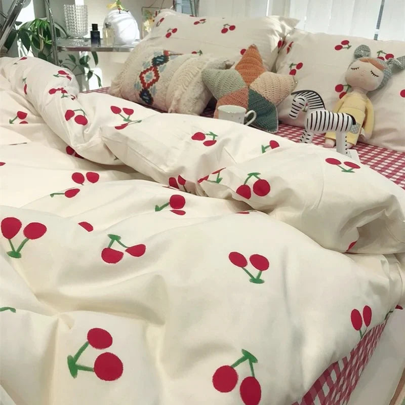 Romantic Cherry Heart Duvet Cover Set Flat Sheet Pillowcases Fashion New Twin Full Floral Bedding Set