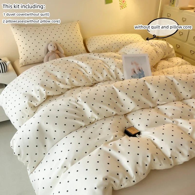 All Season Three-Piece Beige Pink Dot Printing Bedding Set 1 Duvet Cover And 2pcs Pillowcases (no padding)