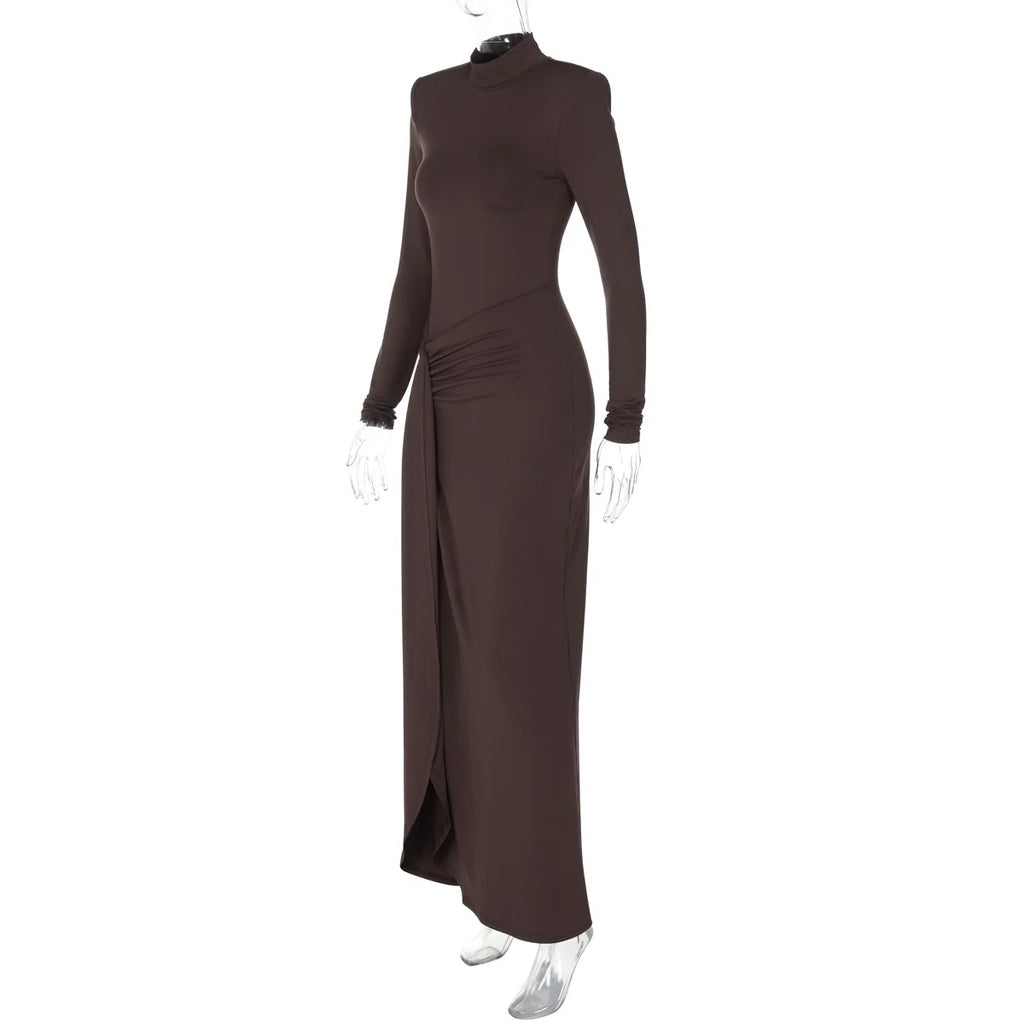 Pleated Bandage Long High Waist Slim Patchwork Long Sleeve Elegant Women's Maxi Dress