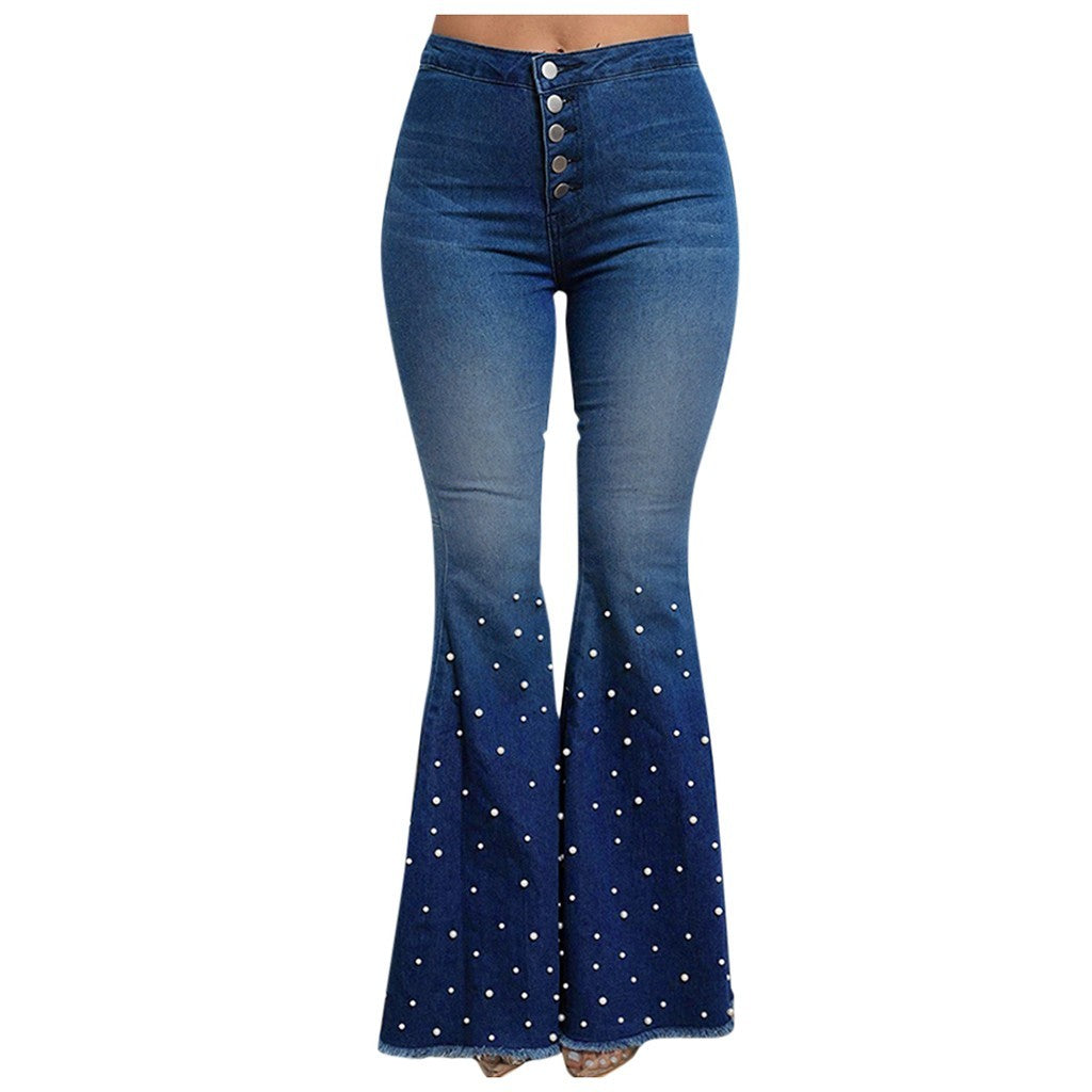 Denim High Waist Jeans Button Tassel Pants Trousers Bell-Bottom Pants Loose Straight Jeans