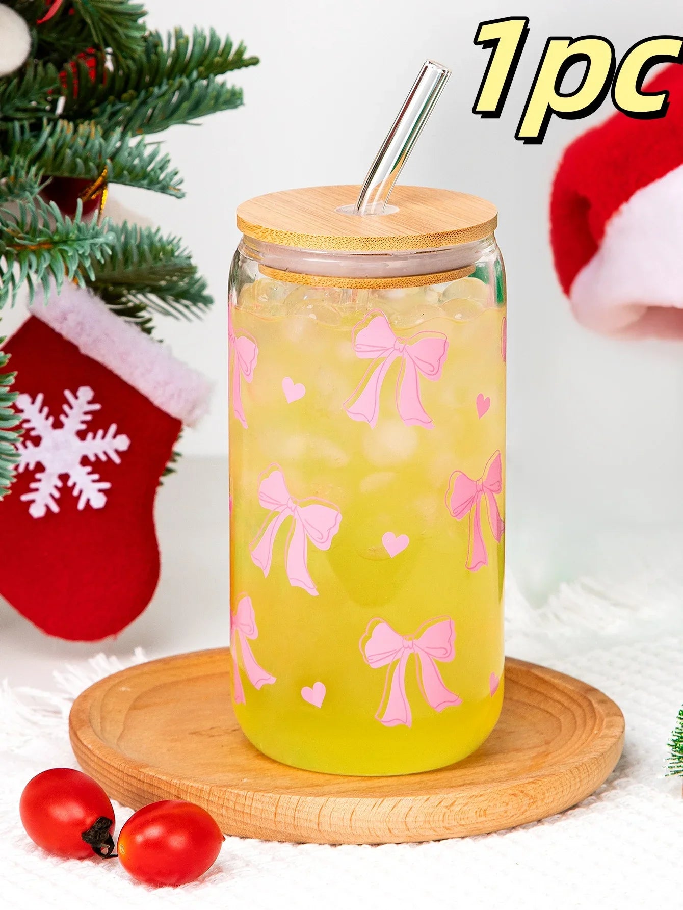 Cute Bow Glass Cup Love Cherry Bow Pattern With Lids & Straw 500ml