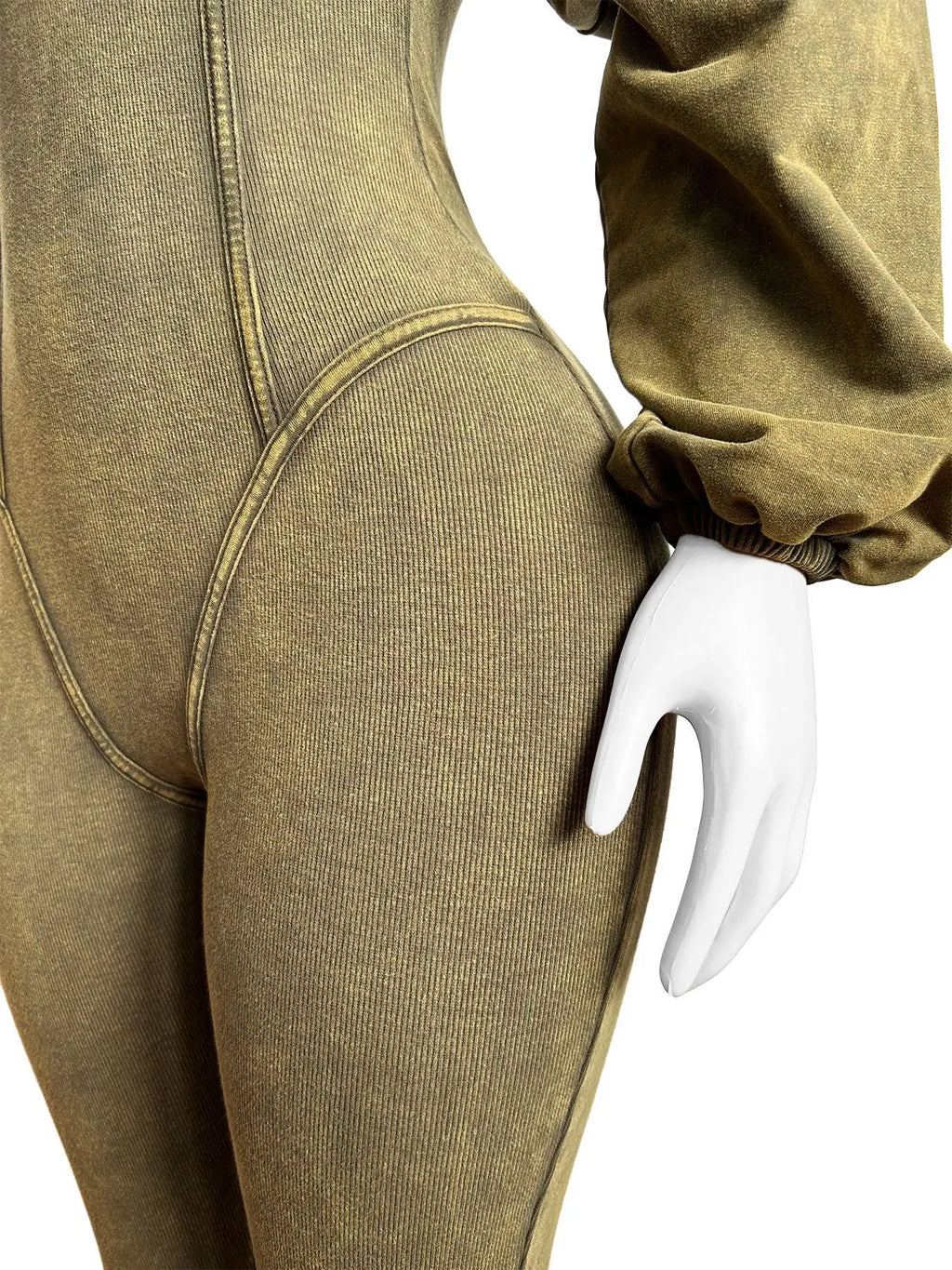 Washed Distressed Jumpsuit Women Ribbed V-Neck Solid SKinny Long Sleeve