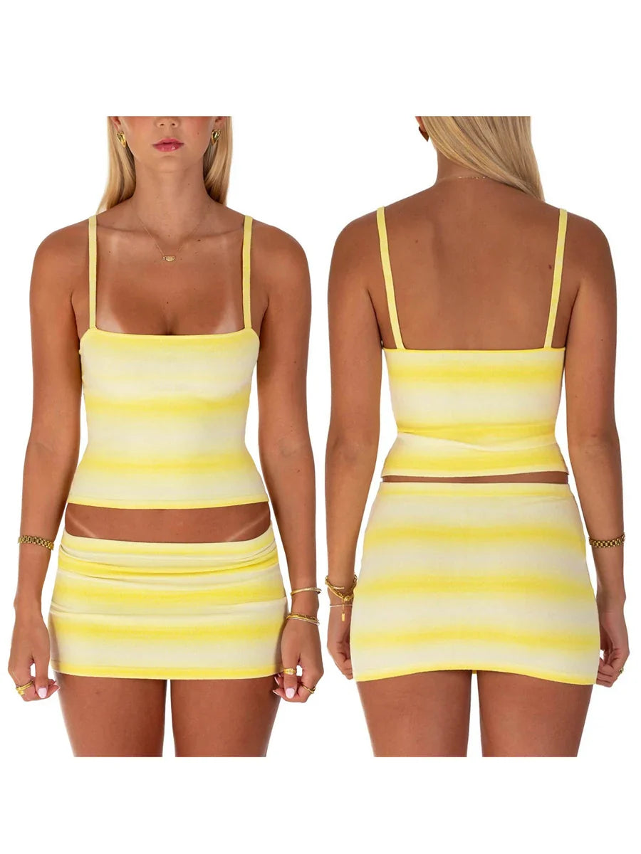 Women's 2 Pieces Summer Skirt Sets Gradient Striped Square Neck Sleeveless Crop Cami Tops Low Waist Mini Skirt