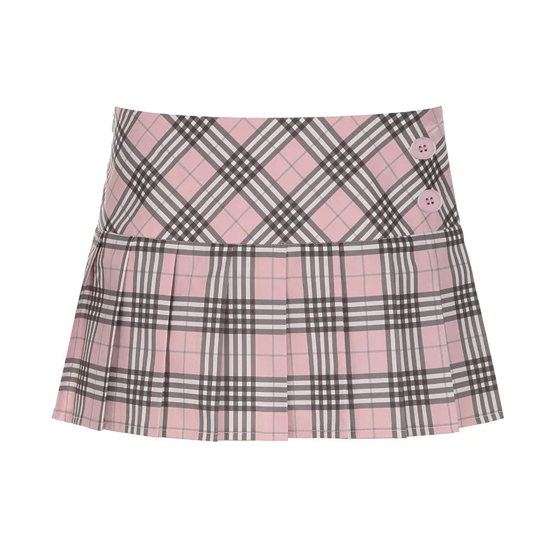 Cute  Preppy Style Chic Plaid Skirt - Buttons Cute Pleated Bottoms for Women Fashion Kawaii Mini Skirts