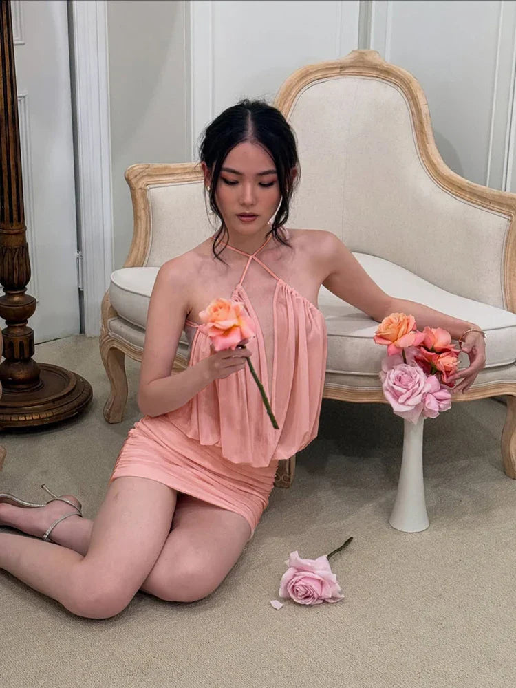 Ruched Sexy Mesh Dress Women Elegant Backless Draping Strapless Bodycon