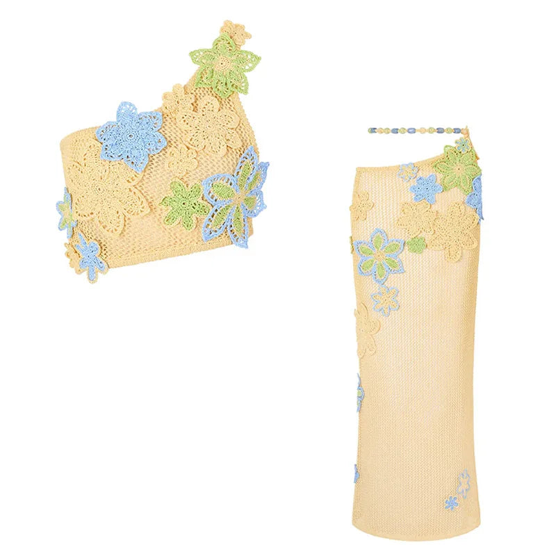 Sexy Beach Women's Set Beading Flower Crochet Crop Top Slim Maxi Skirt Female Suit Summer Hollow Out Knit Lady Dress Sets