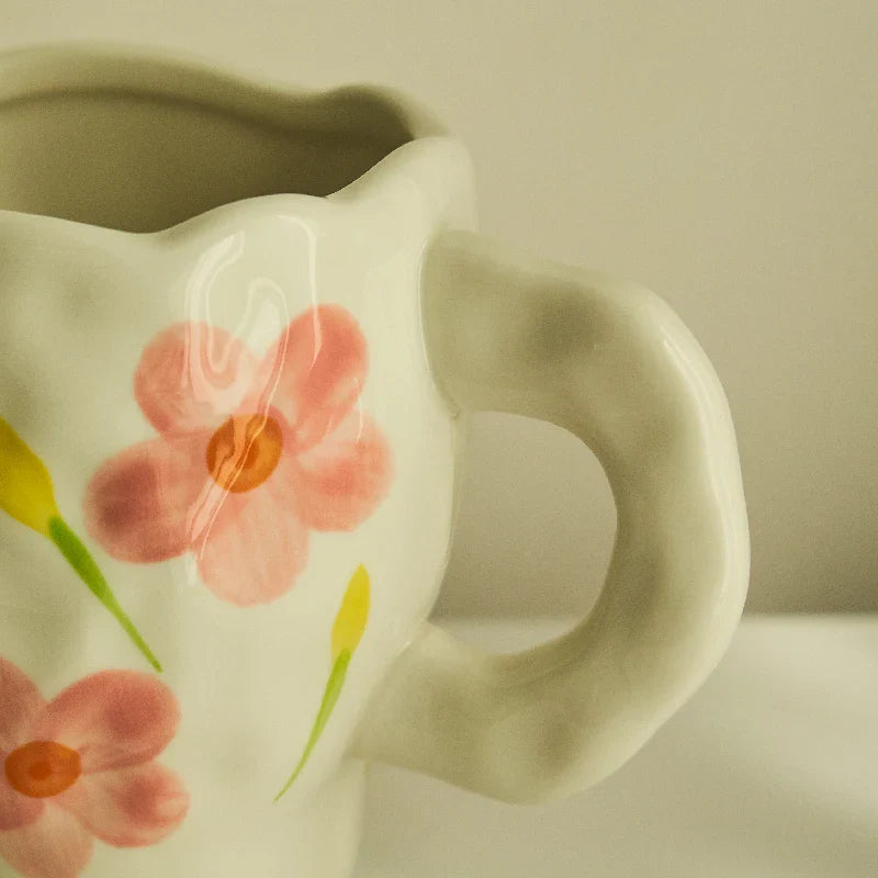 Korean Style Mug Irregular Hand-painted Flowers Ceramic Mugs