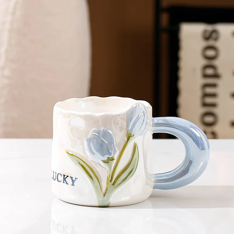 Creative Tulip Ceramic Cup with Handle Spoon Mugs