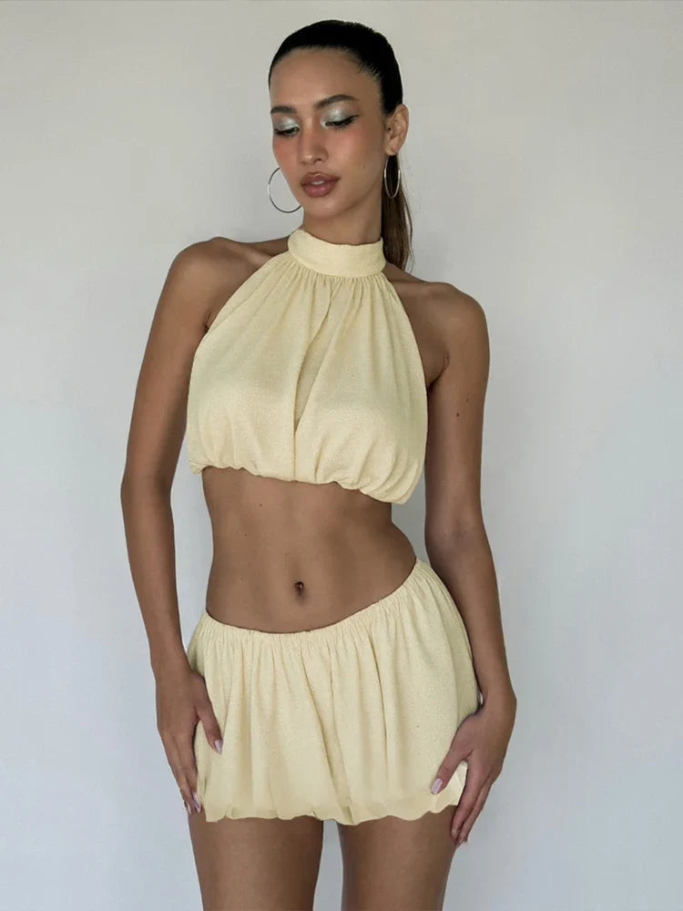 Ruched 2-Piece Set Women Halter Backless Elegant Tank Tops+Waist Skirts Solid Sexy Summer Matching Suits