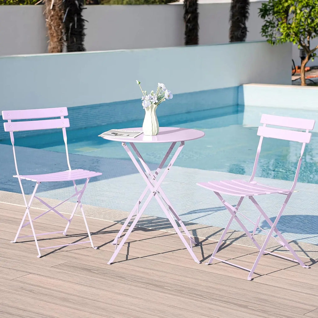 Set of 3 Piece Bistro Set, Folding Patio Furniture Set, Outdoor Table And Chairs Set For Patio, Garden, Balcony And Poolside, Pink