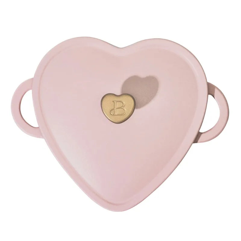 Pink Enameled Cast Iron Dutch Oven Heart-Shaped Pot with Lid, Dual Handles, Works on All Stovetops, Oven Safe to 500°F, 2-Quart