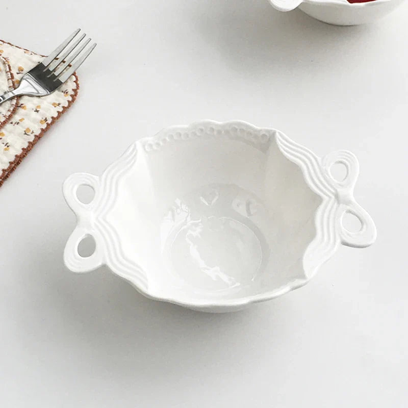 Porcelain Bowl Cute Hollow Out Bow Relief Solid Color Ceramic Dinnerware