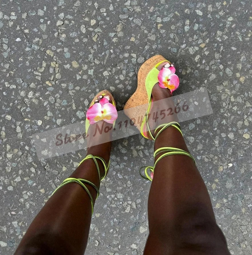 Ladies Cork Platform Pink Flower Sandals Wooden Wedged Heel Pink Blossom Dress Shoes Lace-Up Slingback Pumps