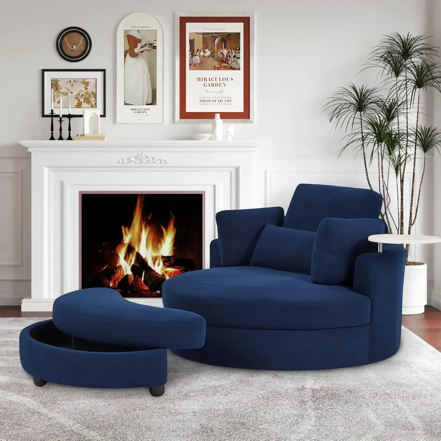 Swivel Book Nook Chair with Storage Ottoman and 4 Movable Pillow Backrest, 360° Rotating Round Barrel Sofa Chair