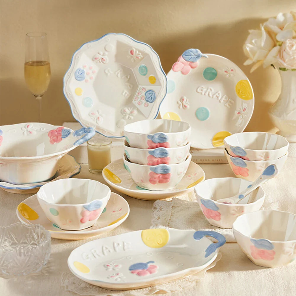 Cute Pattern Ceramic Plates Print Round Deep Tableware