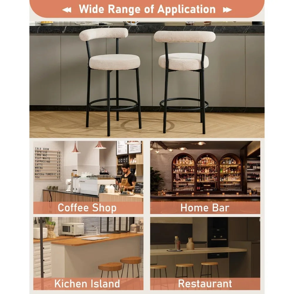 Modern Bar Stools Set of 2 Counter Height Bar stools with Curved Open Back 4'' Round Thick Upholstered Wrinkled Velvet Fabric Set