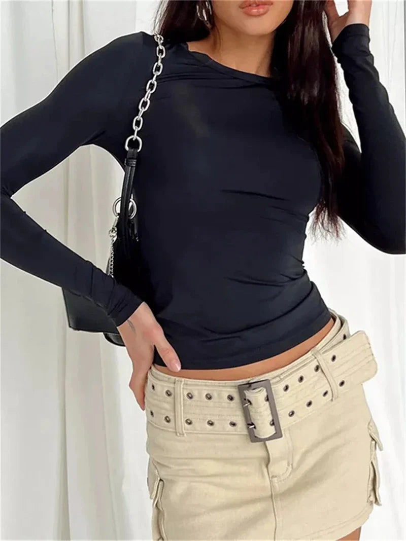 Long Sleeve T Shirt Women Y2k Crop Top Casual Slim Fit Pullovers Solid O Neck T-shirts Streetwear Female Basic Tee