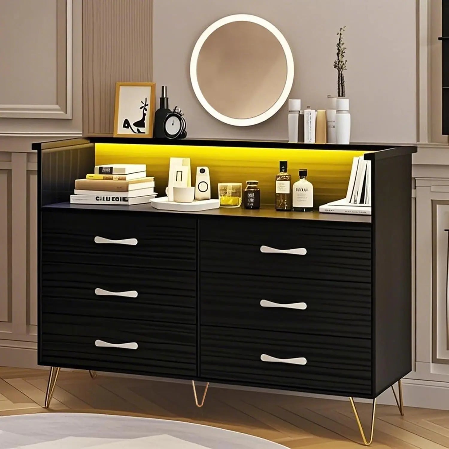 New Dresser with LED Light for Bedroom 6 Drawer Dressers with Charging Station Chests of Drawers Sturdy Steel Frame Wooden Top