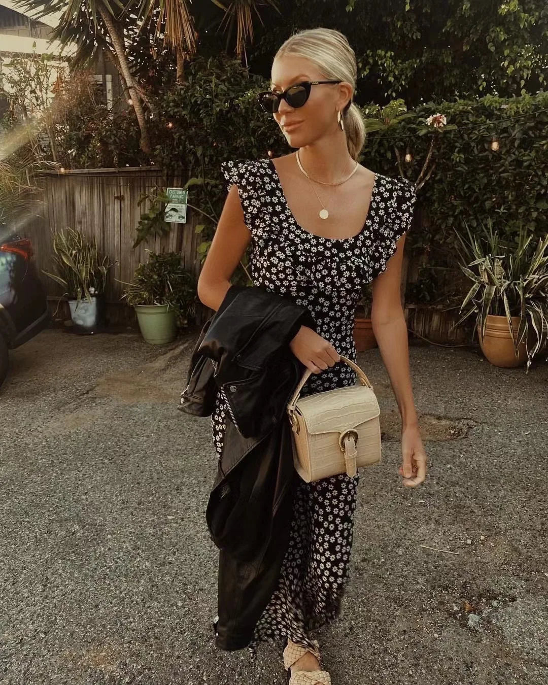 French Daisy Vintage Girl Silk Polka Dots U Neck V Back Sexy Summer Women Long Dress