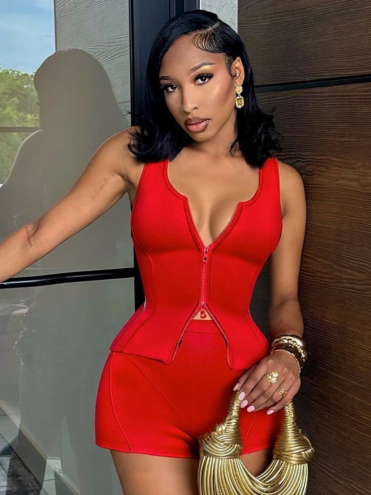 Casual Women 2 Piece Set Stretch Double Zip Tank Tops+Shorts Matching Patchwork Simple Basic Streetwear