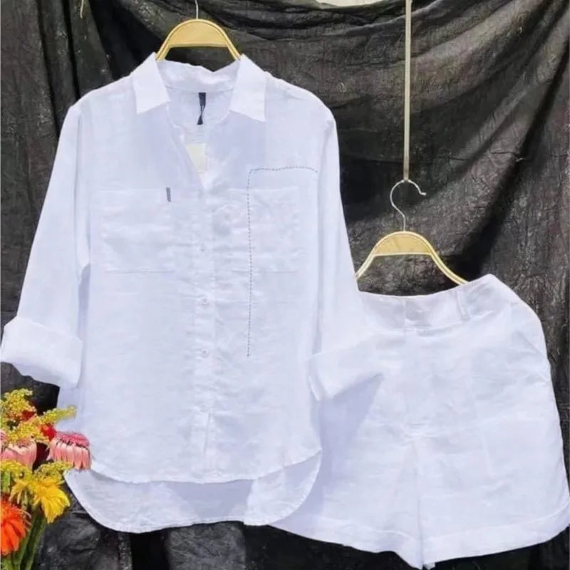 Summer Cotton Linen Casual Home 2 Piece Set For Women Long Sleeve Shirt And Shorts Two Piece Sets