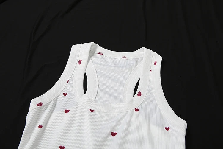 Comfortable Heart Print 2 Piece Set Women Square Collar Sleeveless Crop Tops+Stretch Shorts Sweet Fashion Outfits