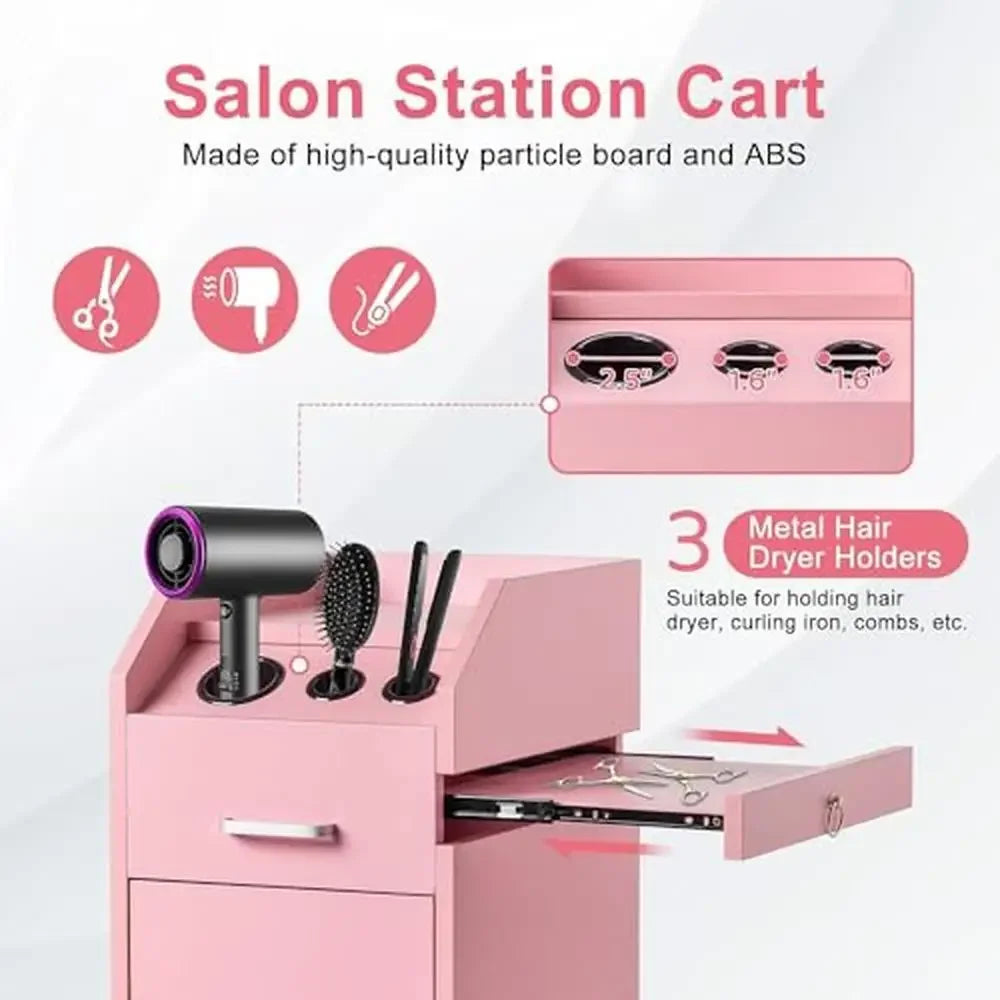 Hair Salon Trolley Cart with Lockable Wheels & 3 Hair Dryer Holders & 4 Drawers & Side Storage Tray Pink Cart