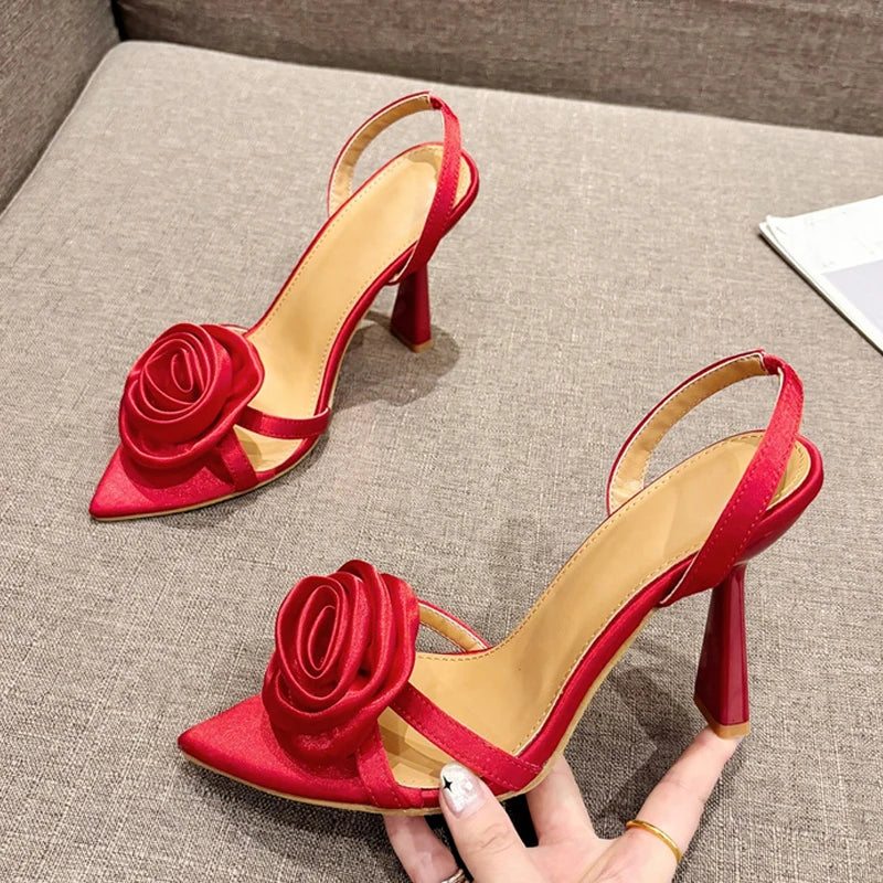 Fashion Silk Rose Flowers Pointed Open Toe Back Strap Women High Heels