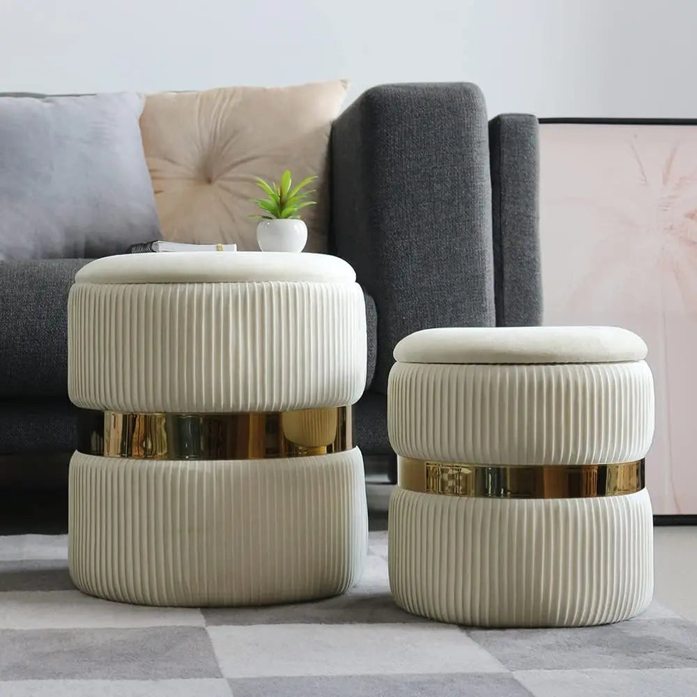 Round Ottoman with Storage Set of 2 Upholstered Velvet Vanity Stool for Living Room Ottomans Multifunctional Foot Rest