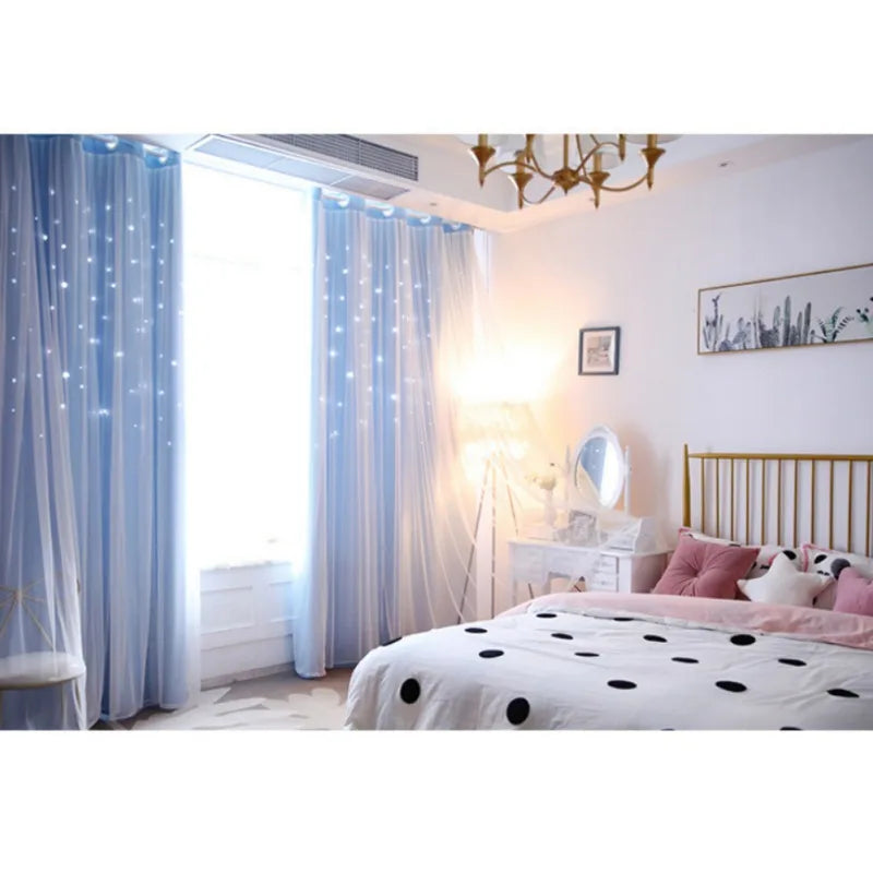 Double-Deck Princess Curtains for Living Room Hollow Stars Lace Curtain for Bedroom Shade Curtain Tulle Cloth