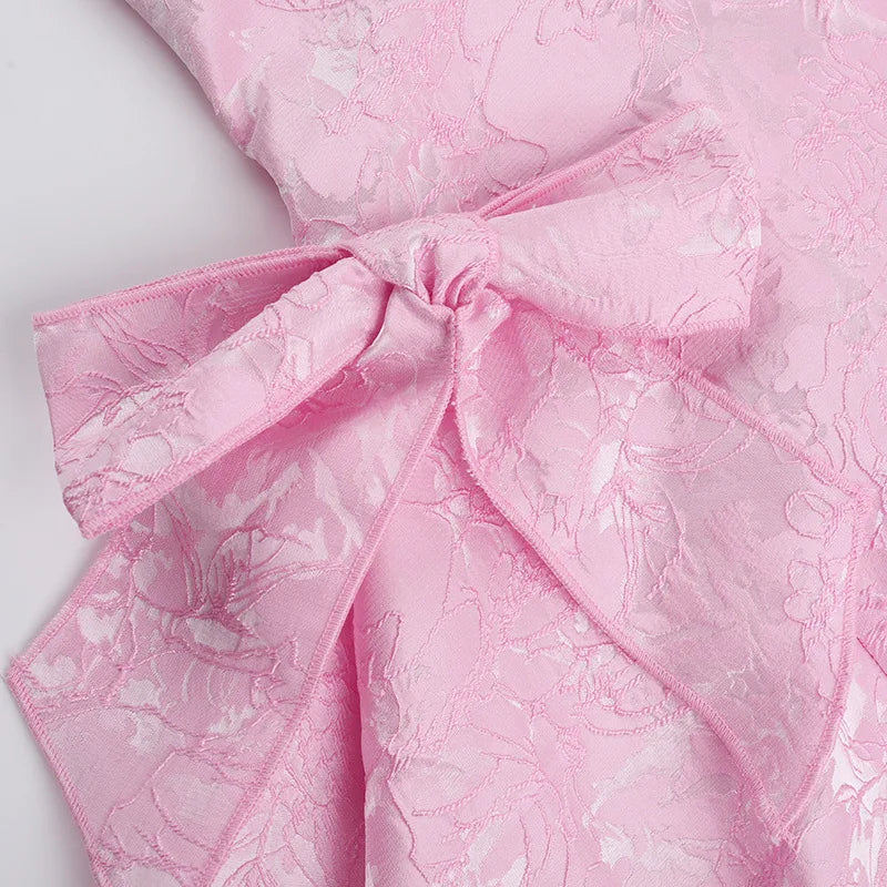 Pink Jacquard Halter Bow Evening Party Dress Women Robes Backless Elegant Sexy Dress Bodycon Mini Dress