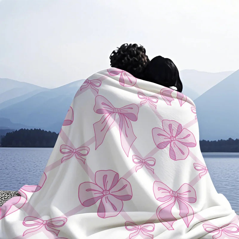 Pink Bow Blanket, Flannel Decorative Blanket, Bedding Accessories, Soft Cozy Warm Blanket
