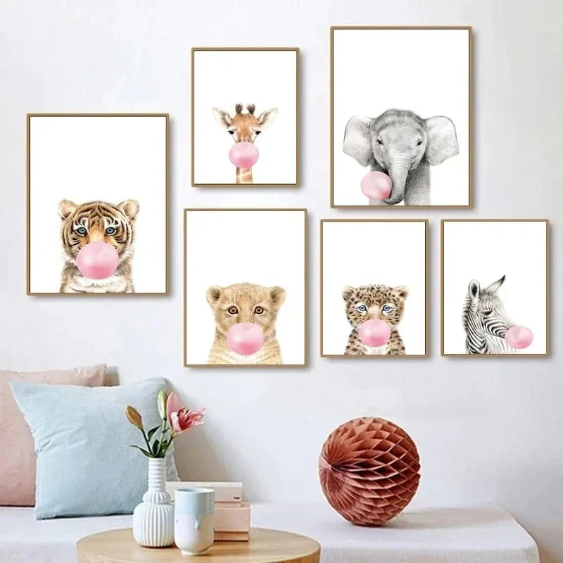 Kawaii Pink Bubble Gum Wall Art Canvas Painting Giraffe Poster Nursery Print Nordic  Animal Kids Pictures Baby Room Decor Tiger