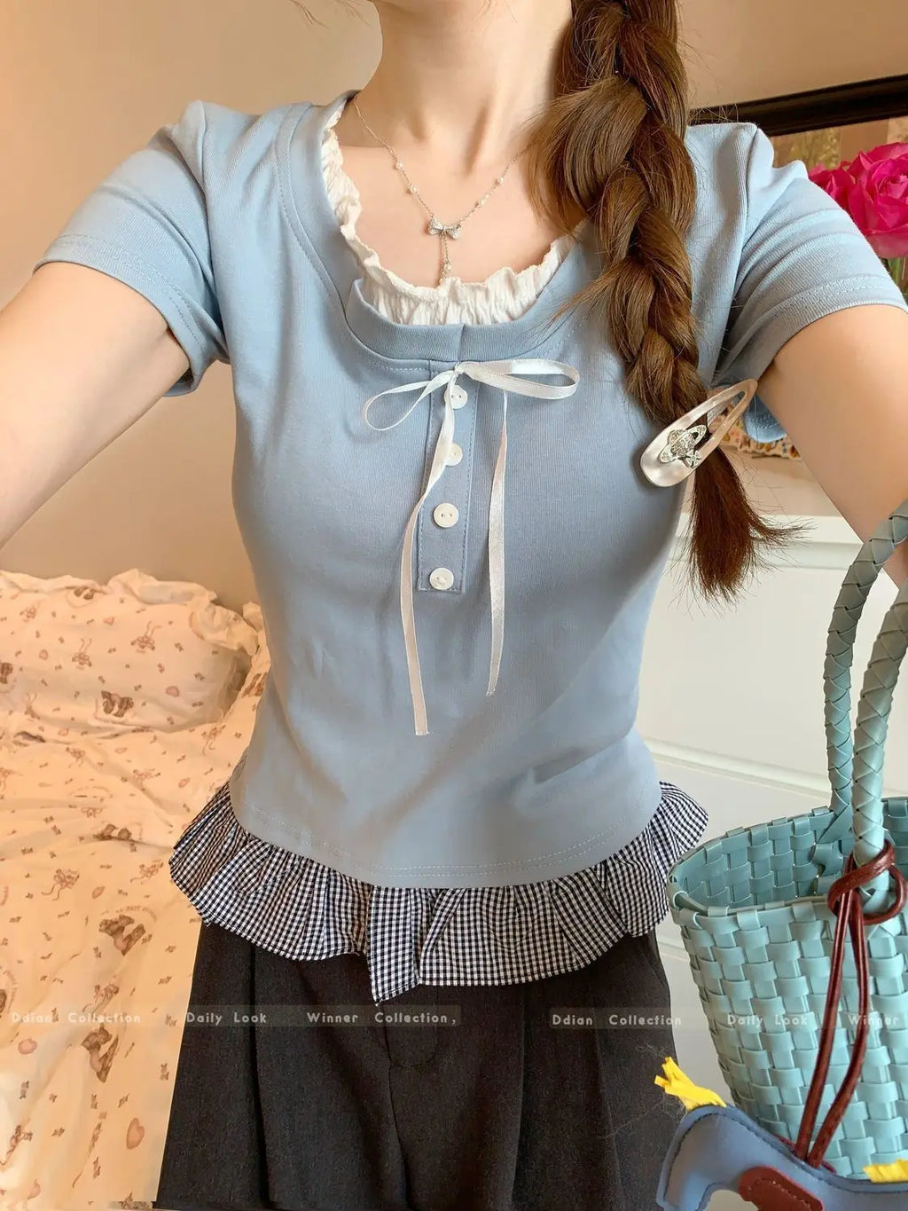 Sweet Style Fake Two-piece Bow Sweet Girl Top Short Sleeve T-shirt Slim Fit