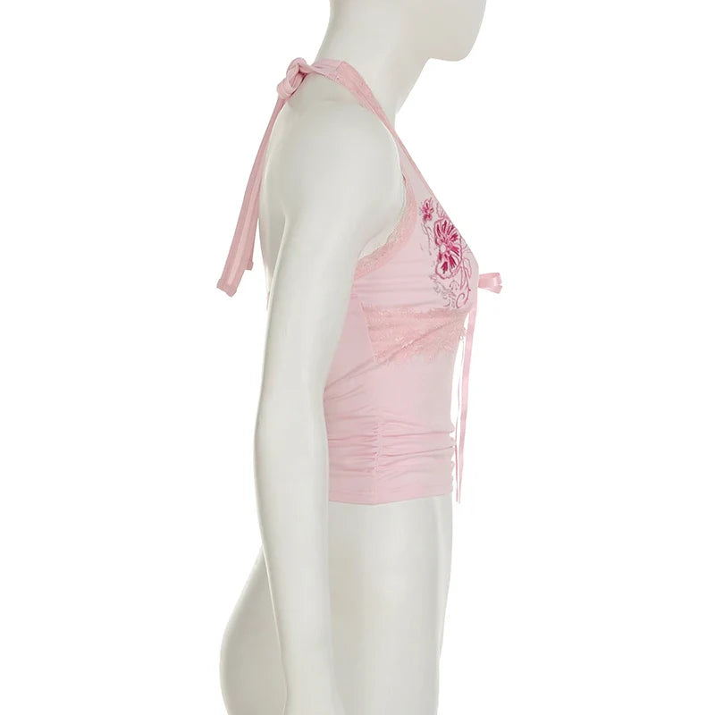 Sweet Embroidery Lace Trim Halter Tops Holiday Deep V-Neck Sleeveless Tank Tops