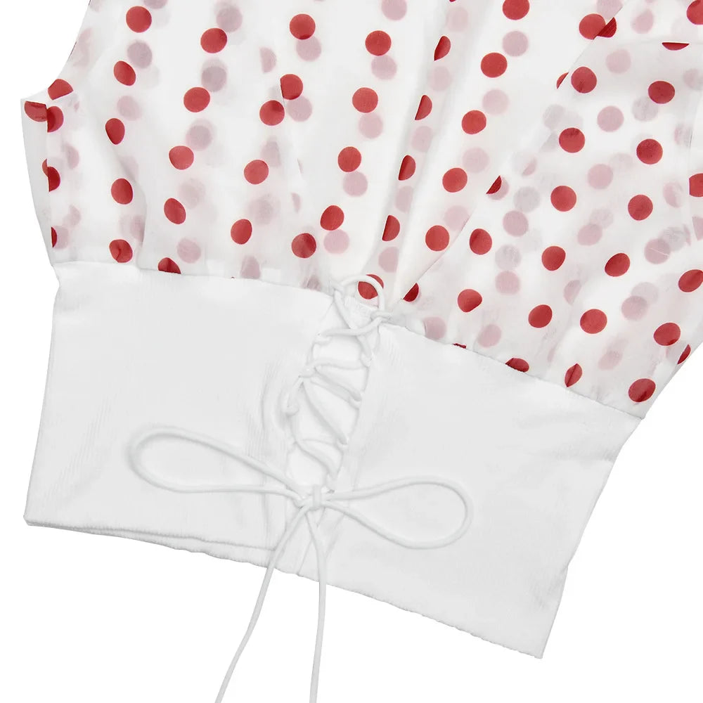 Sexy Off Shoulder Print Polka Dot Women Top White Patchwork Backless Bandage Top Female Spring Slim Casual Streetwear