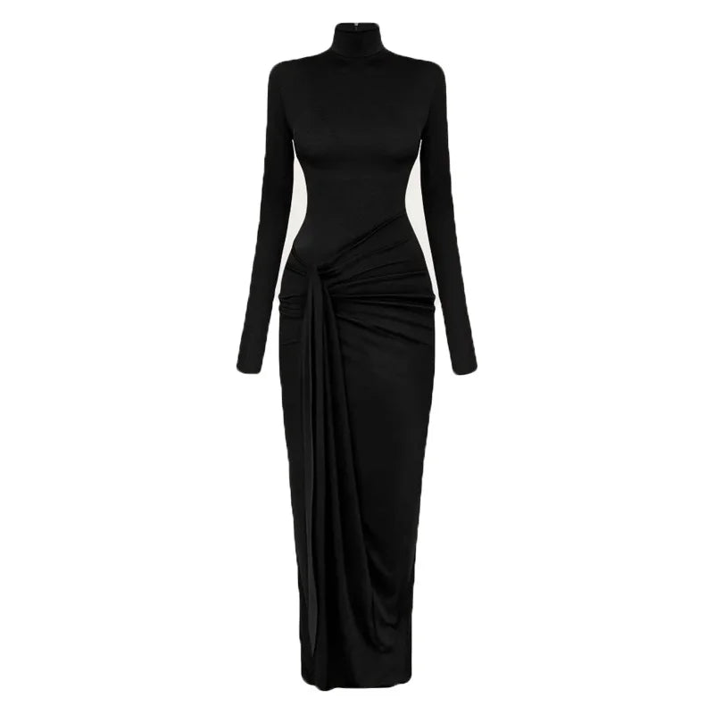 Pleated Bandage Long High Waist Slim Patchwork Long Sleeve Elegant Women's Maxi Dress
