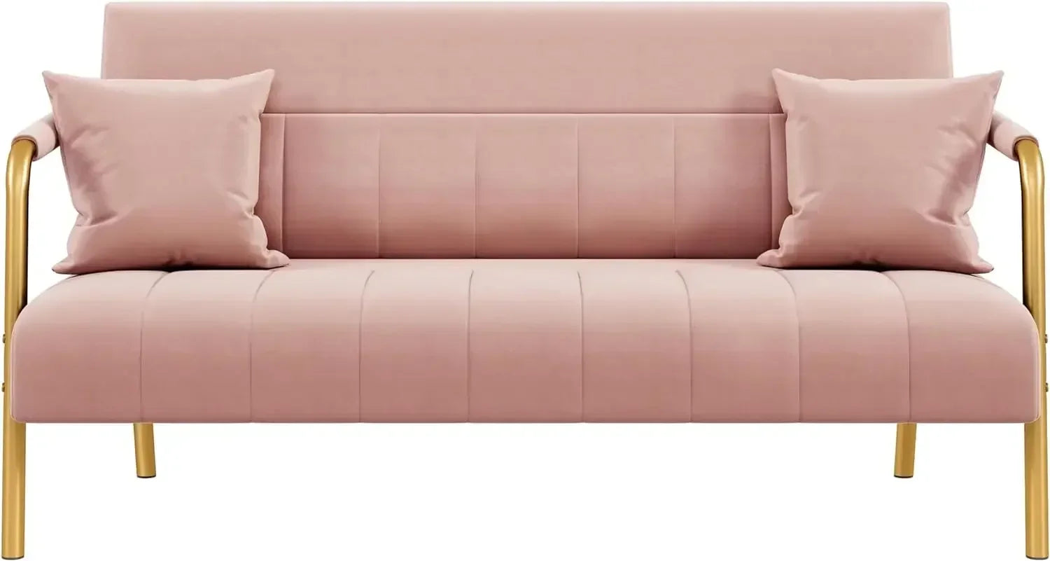 Modern Loveseat 2 Seater Sofa Luxurious Velvet Fabric Couch with Gold-Tone Metal Arms and Legs for Bedroom, Studio Pink 56.5" W
