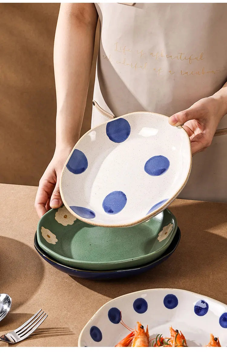 Vintage Hand Painted Dots Daisy Pottery Deep Plates Creative Moon Star Steak Flat Plate Handmade Salad Dinner Dishes
