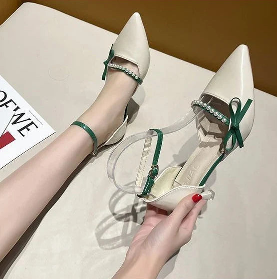 Women Pearl Pumps Heeled Pointed Toe with Side Bowknot