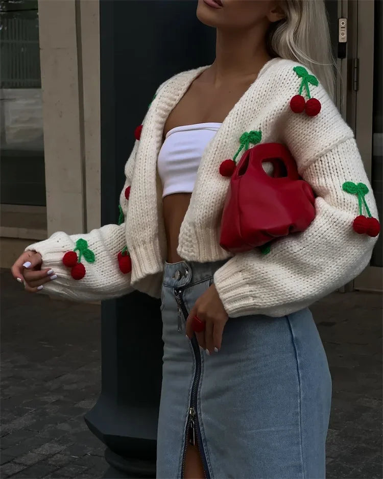 Knitted Cherry Sweaters Cardigan Long Sleeve Top Christmas Sweet Fairy Grunge Sweater Streetwear
