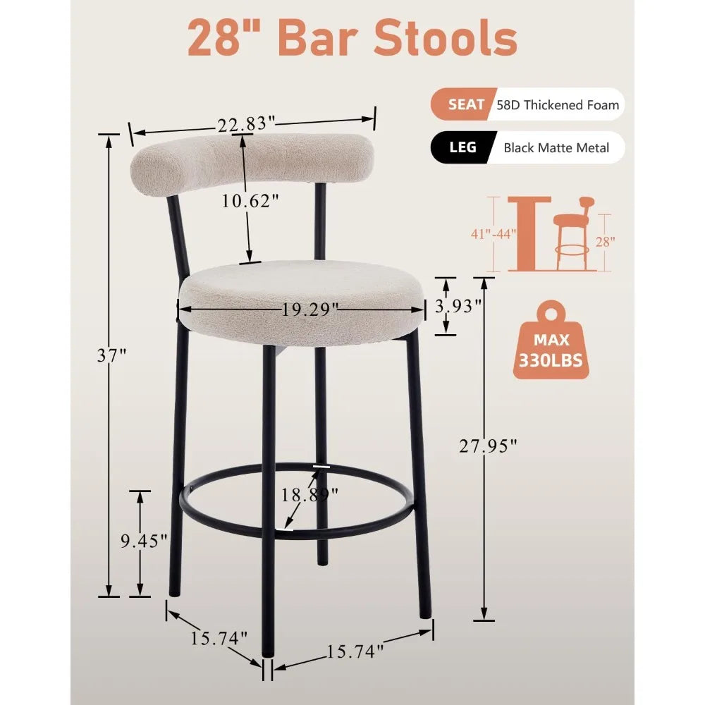 Modern Bar Stools Set of 2 Counter Height Bar stools with Curved Open Back 4'' Round Thick Upholstered Wrinkled Velvet Fabric Set