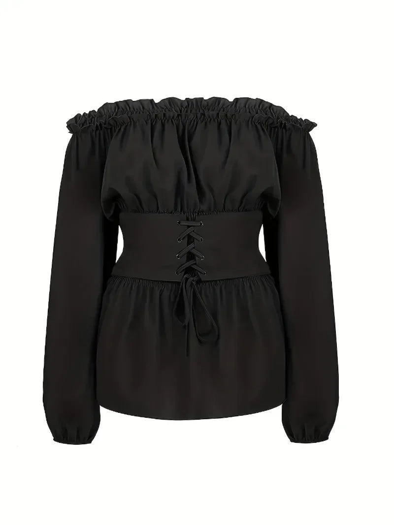 Women's Summer Plus Size 1XL-5XL Outfits Versatile Solid Color Long Sleeve Blouse Fashion Off Shoulder Lace Up Corset Shirt