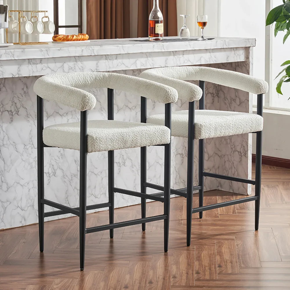Modern Upholstered Bar Stools Set of 2, Boucle Fabric Counter Height Chairs, Kitchen Island Bar Chairs for Home, Dining Room