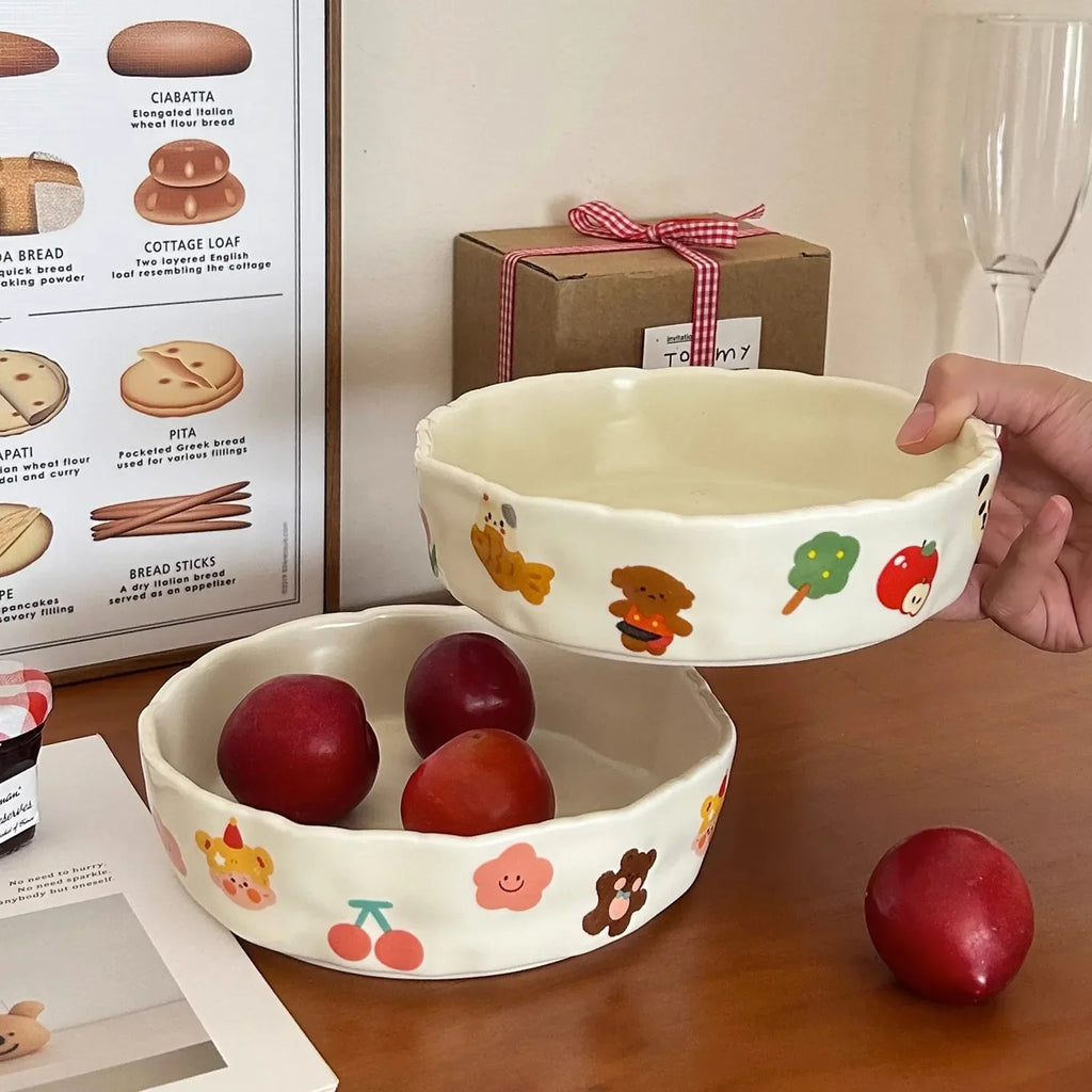 Cute Little Design Matte Hand Pressed Ceramic Deep Plate Cartoon Bowl