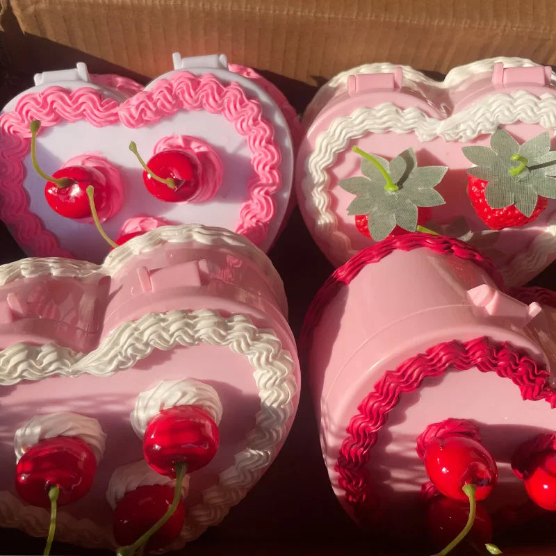 Cherry Heart Storage Box DIY Double Layer Candy Box with Mirror Girl Gift Box Portable Mirror Make Up Organize