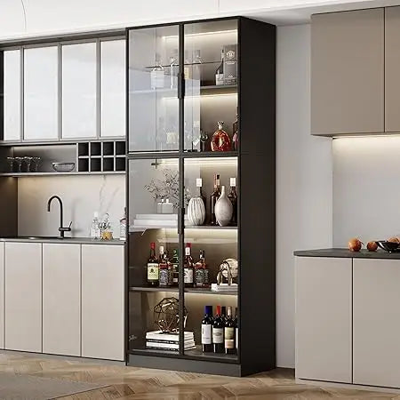 Glass Doors Display Cabinet with Lights and Shelves, Storage Cabinets Morden Bookcase Trophy Case Display Cabinet with Hutch for